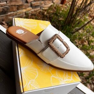 Yellow Box White Woven-Buckle Slip-On Mules